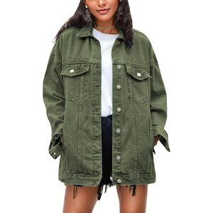 Women's Oversized Mid Long Denim Jacket Jean Biker Coat Long Sleeves Green